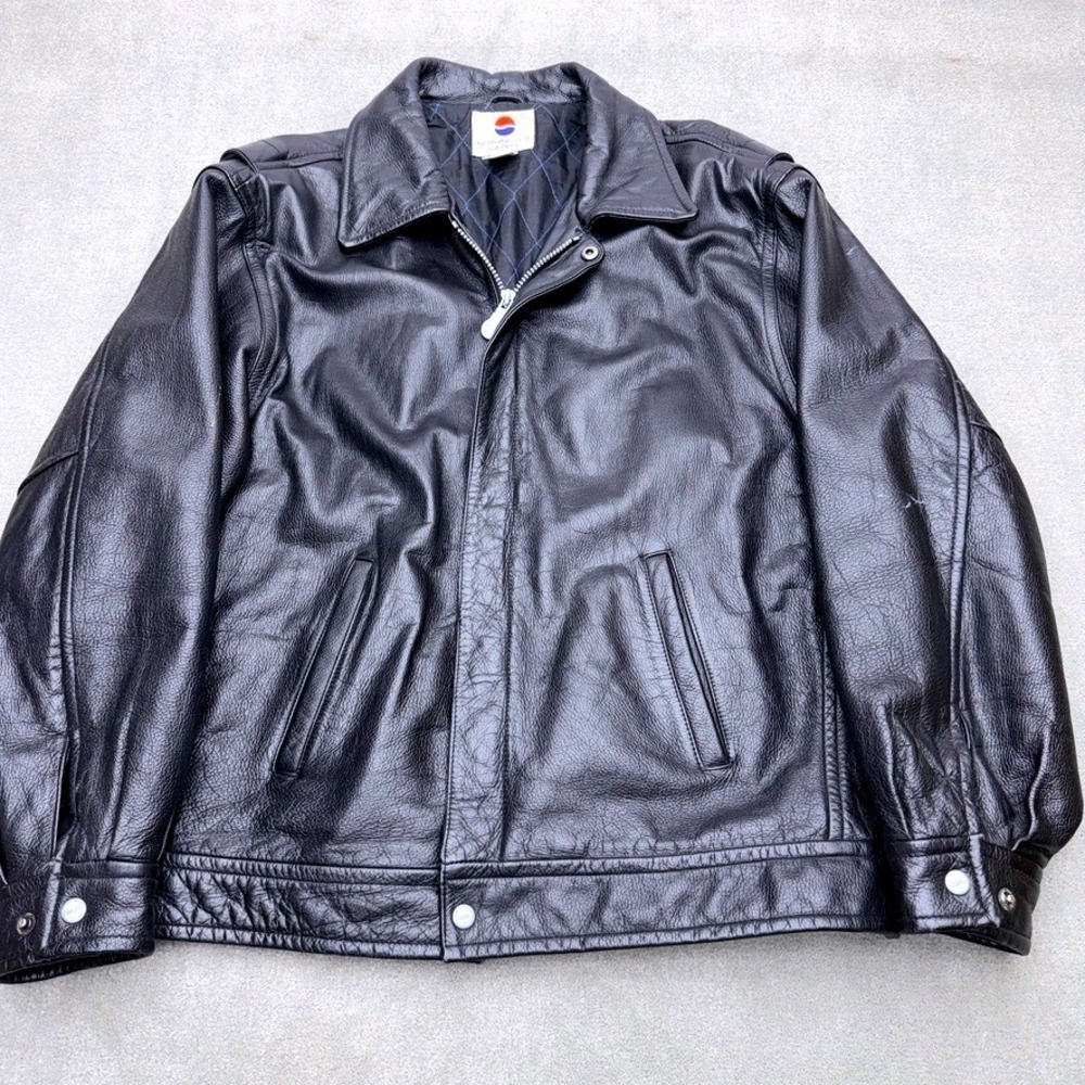 Vtg Pepsi Leather Jacket Men Large  Black Quilted Lining w/ Pepsi Zipper Pull